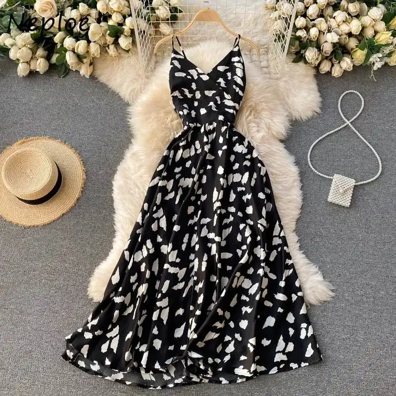 Neploe Vintage Print Holiday Long Dress Women High Waist Hip A Line Vestidos Summer 2025 New V Neck Sleeveless Camis Robe Slim - Lootquake