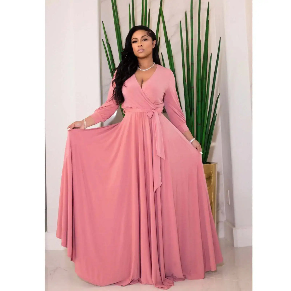 CM.YAYA Elegant Women Wraped V-neck Long Sleeve with Sashes Maxi Long Dress Chic INS Sexy Party Prom Big Swing Pink Dresses - Lootquake