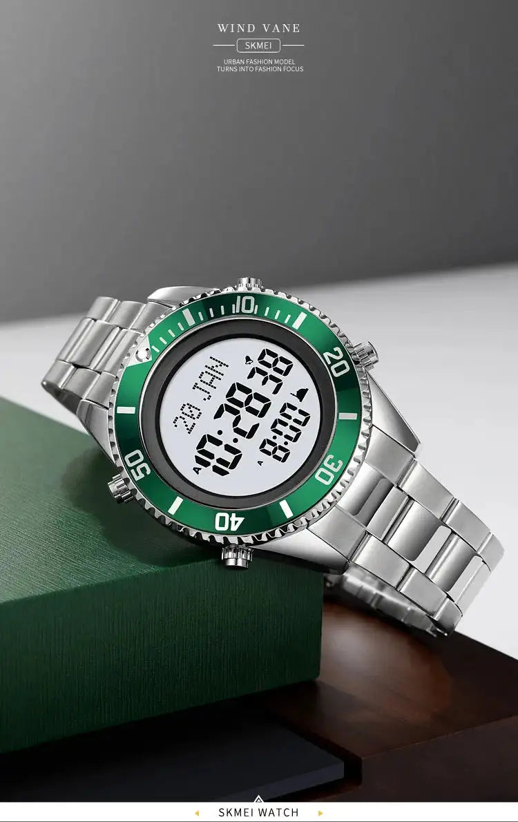 SKMEI 2141 Stainless Steel Digital Watche Muslim Azan Prayer Compass Clock Adhan Alarm Hijri Islamic Wristwatch with Back Light - Lootquake