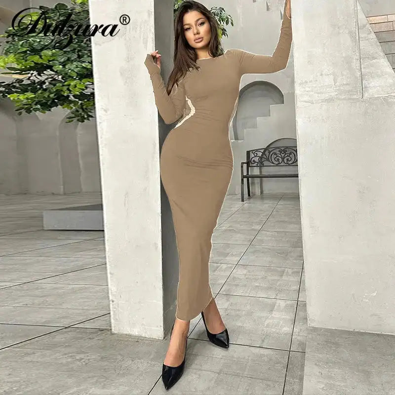 Hawthaw Women 2023 Autumn Winter Long Sleeve Party Club Streetwear Bodycon Black Long Dress Wholesale Items For Business - Lootquake