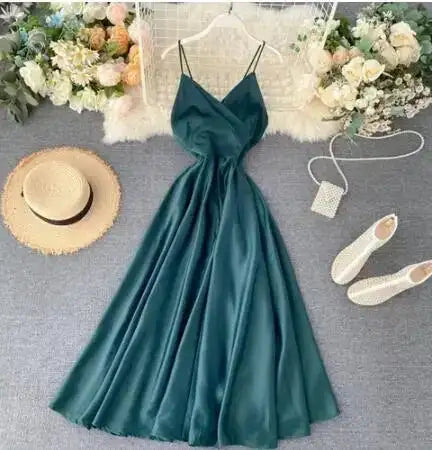 Neploe Vintage Print Holiday Long Dress Women High Waist Hip A Line Vestidos Summer 2025 New V Neck Sleeveless Camis Robe Slim - Lootquake