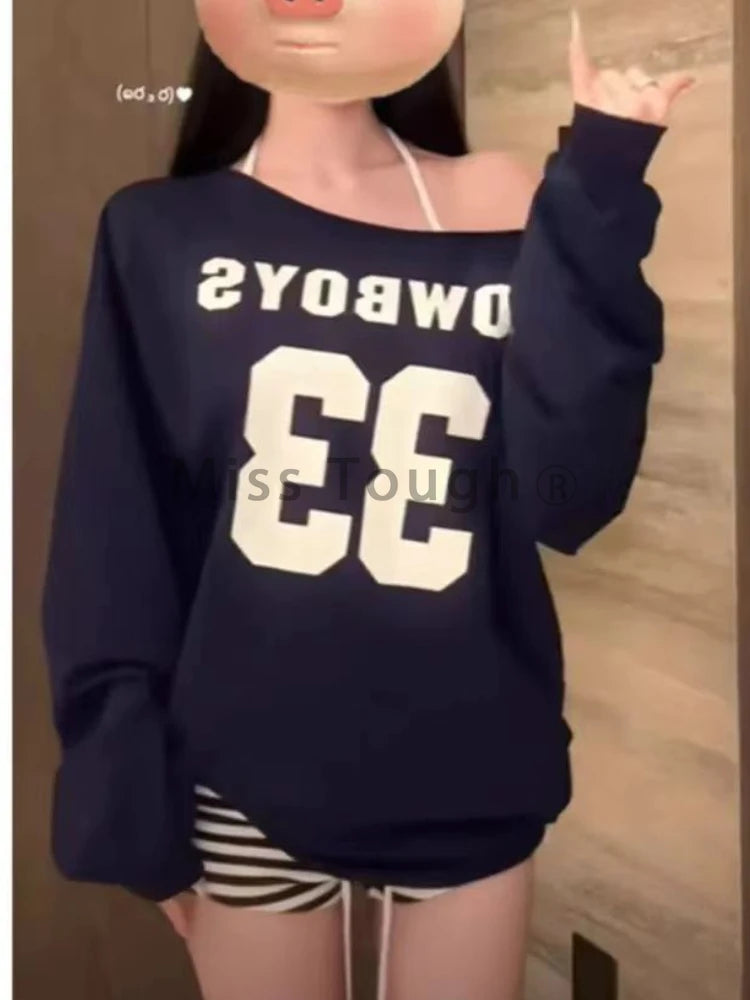 Autumn New America Retro Spice Girl Clothing Women Y2 Oblique Shoulder Long Sleeves T-shirt Female Loose Oversize Lazy Style Top - Lootquake