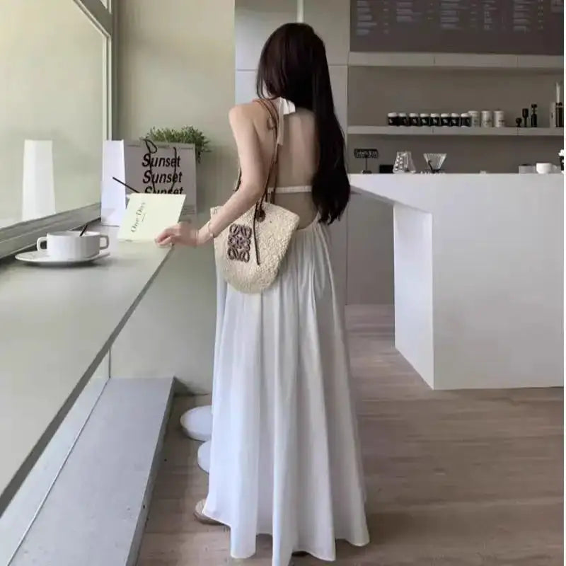 Summer Vacation Dress Thailand Style Open-back Halter Neck Age-reducing Photography Beach Long Dress Belted - Lootquake