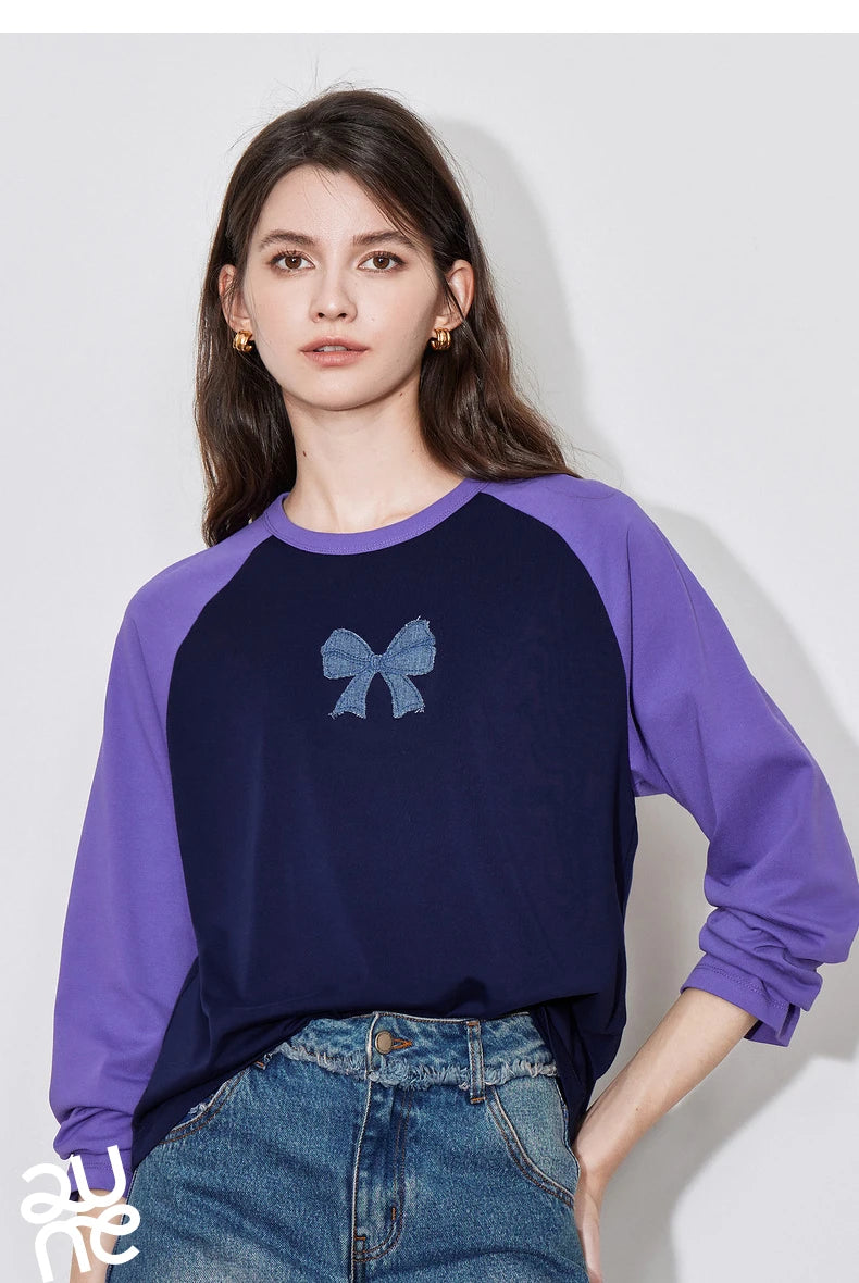 Camiseta TOYOUTH para mujer, otoño 2024, nueva, de mezclilla con lazo y mangas raglán en color contrastante, tops casuales