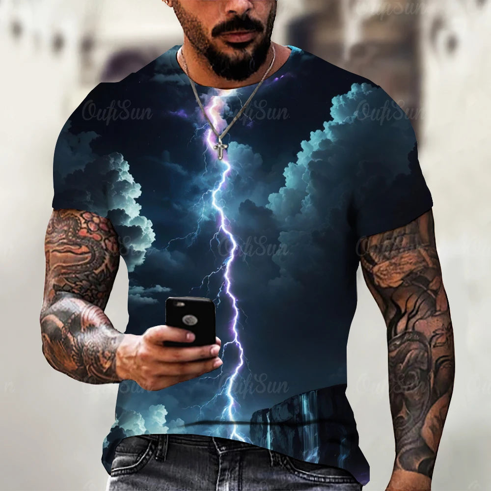 Men's T Shirt 3d Lightning Print Mens Short-Sleeved Tops Summer Street Fashion T-Shirt for Men Casual Tees Oversized Clothing XL - Lootquake