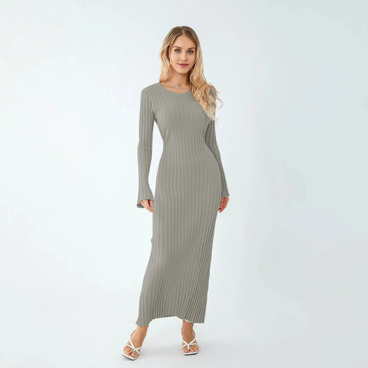 Women Spring Autumn Lace-up Knit Dress Elegant Long Sleeve Crew Neck Ribbed Solid Color Long Dress Streetwear