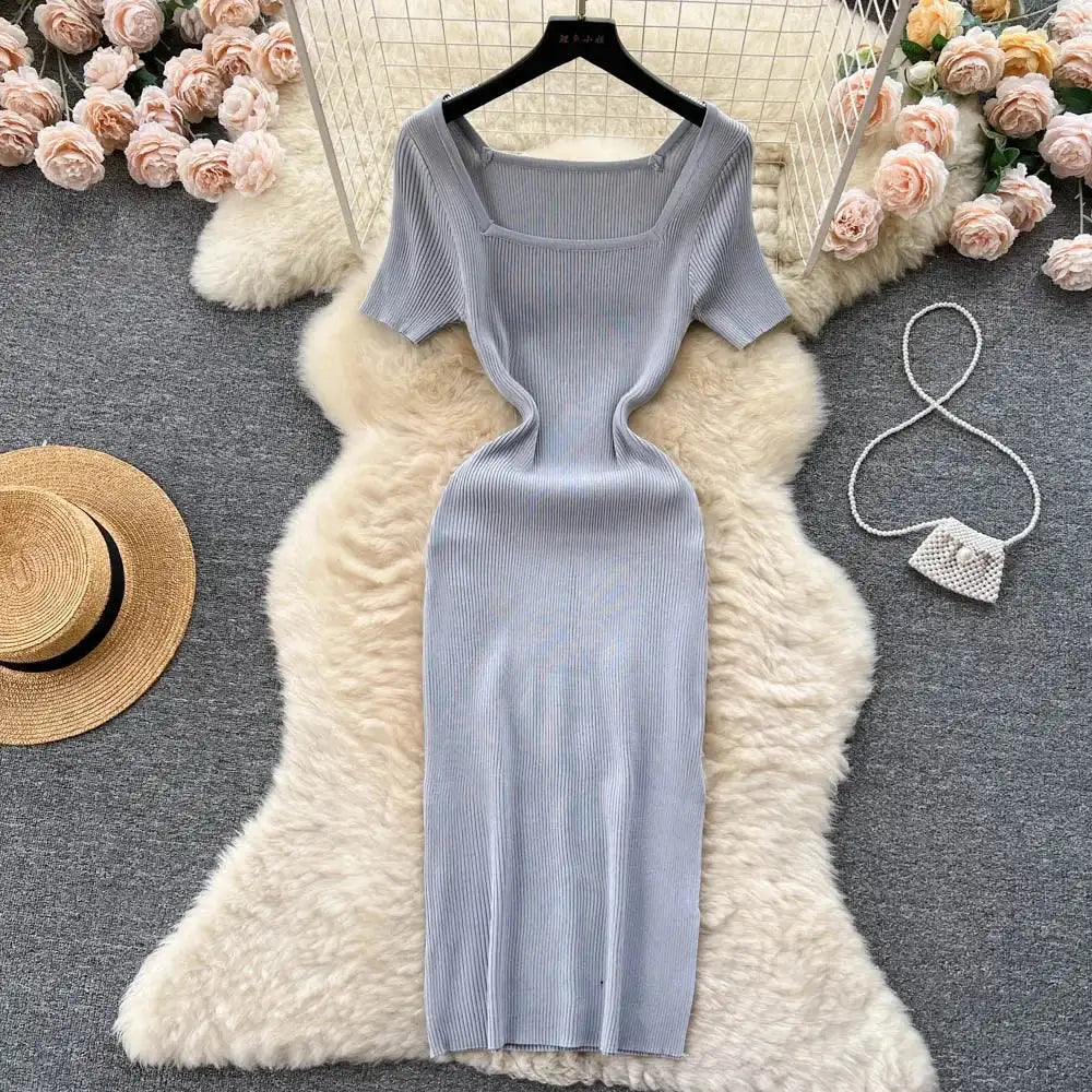 Green 2024 Sexy Summer Knit Short Sleeve Dress Women Squar Collar Waist Bodycon Sundress Female Beach Backless Long Dress - Lootquake