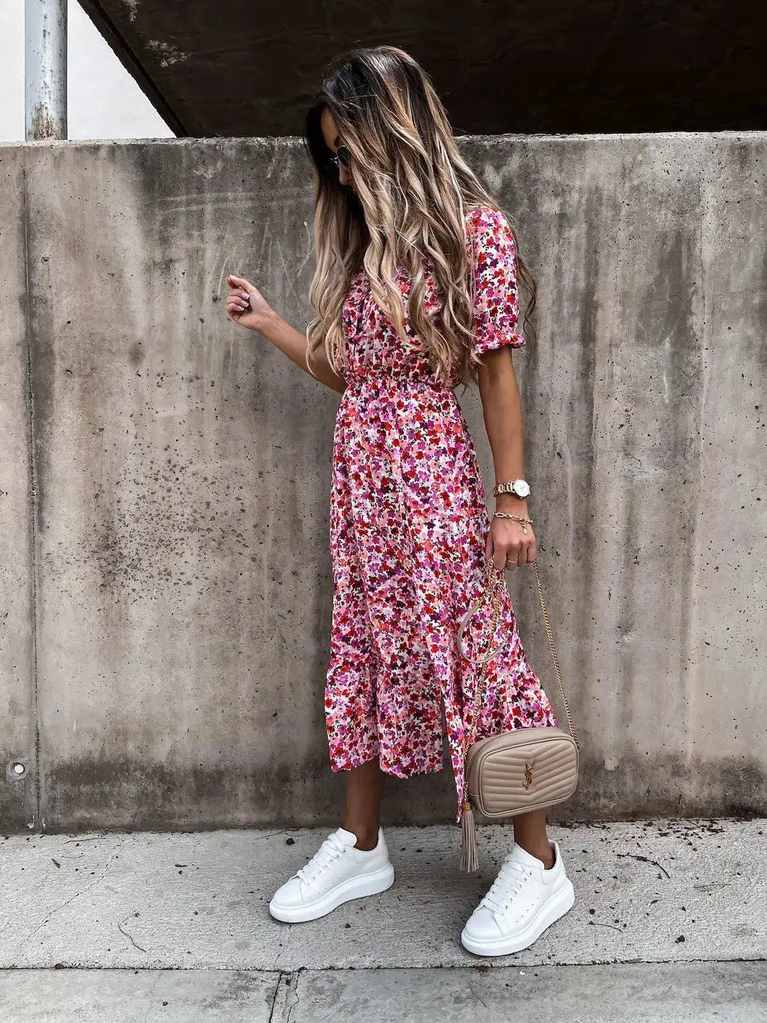 Summer Floral Print Dress Women V Neck Side Slit Long Dress Elegant Short Sleeve Button Slim Spring Female Party Dress Vestidos - Lootquake