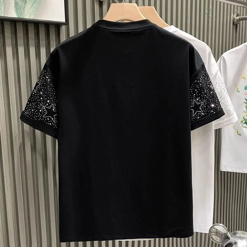 Summer Rhinestone Rivet T-shirt for Men Clothing Round Neck Casual T-shirt Fashion High Street 2024 Men's Summer Short Sleeves - Lootquake
