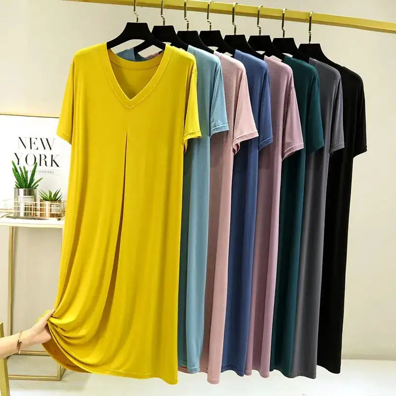 Modal Cotton Short Sleeved Nightdress for Women's Summer Casual Home Sleepwear V-neck Pleated Oversized Loose Hem Mid-Long Dress - Lootquake