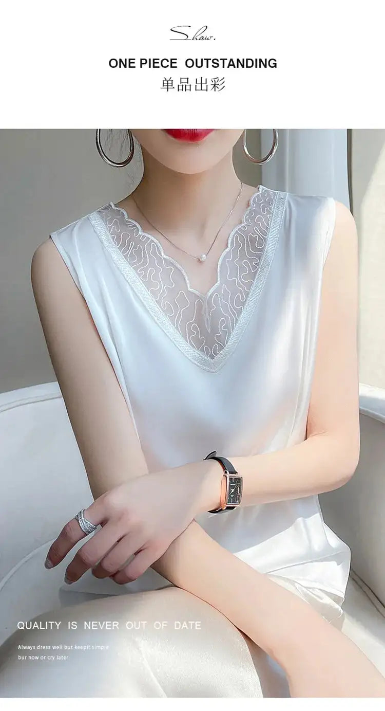 new woman clothing vest camis Tank top women's suit bottom lace lining 2024 summer new silk satin sleeveless top suspender vests - Lootquake