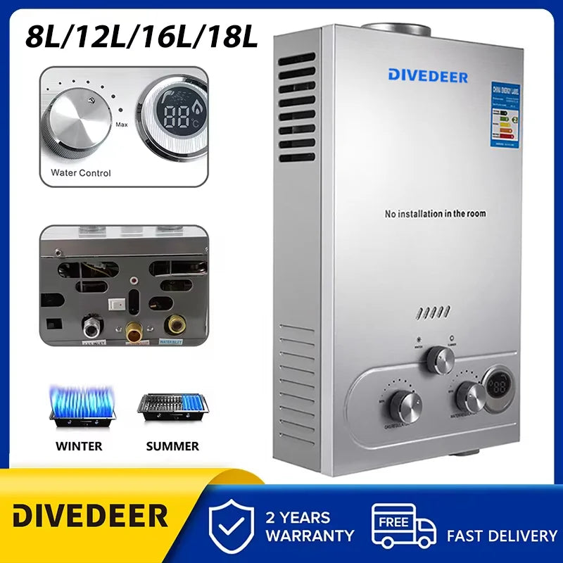 Chauffe-eau instantané portable DIVEDEER 8L/12L/16L/18L, chauffe-eau mural sans réservoir à gaz GPL, affichage numérique, chauffage rapide