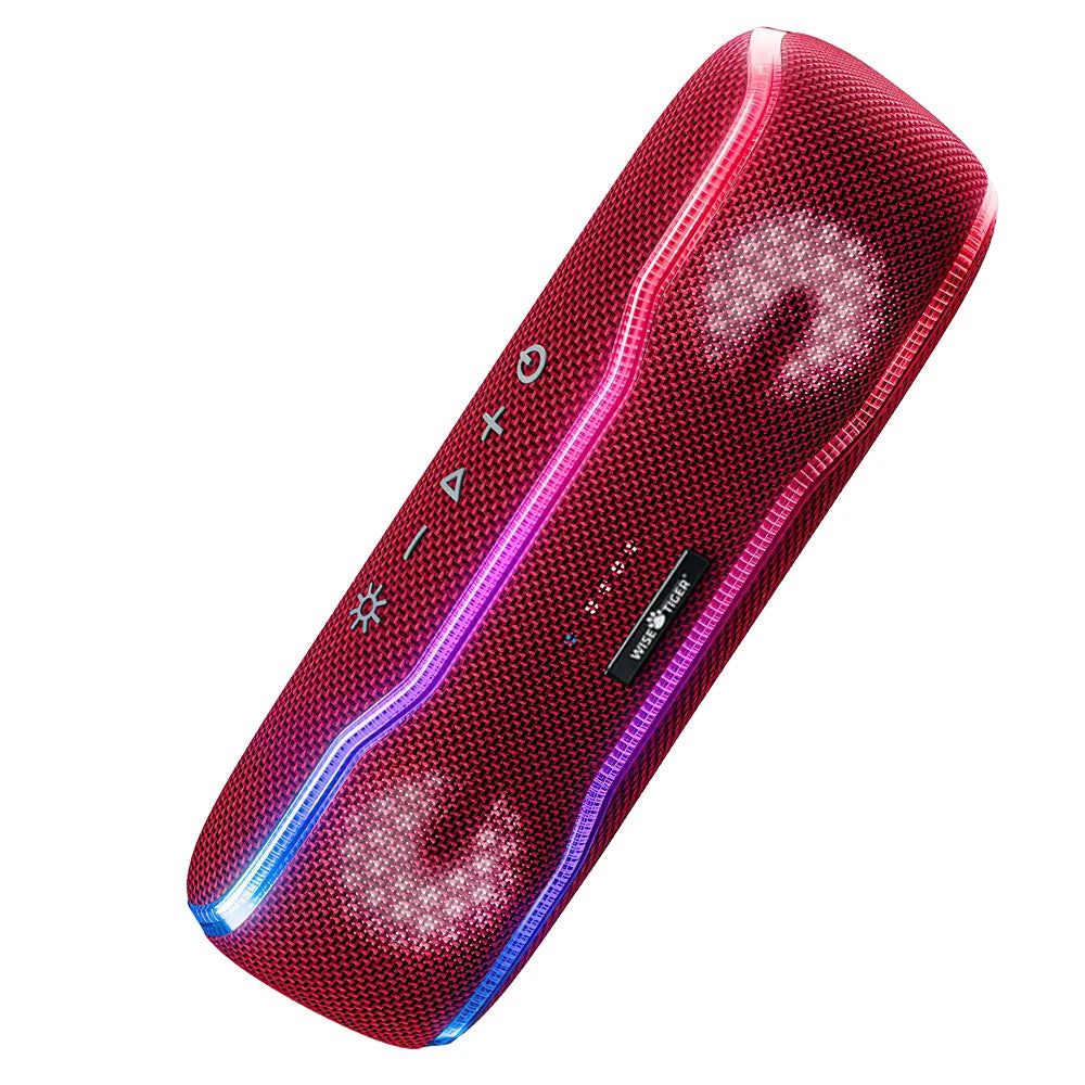 Altavoz Bluetooth WISETIGER para exteriores, resistente al agua IPX7, 25 W, BT5.3, estéreo envolvente con luces ecualizadoras pulsantes.