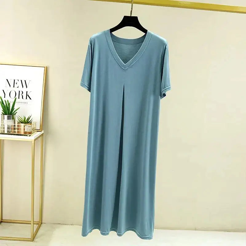 Modal Cotton Short Sleeved Nightdress for Women's Summer Casual Home Sleepwear V-neck Pleated Oversized Loose Hem Mid-Long Dress - Lootquake