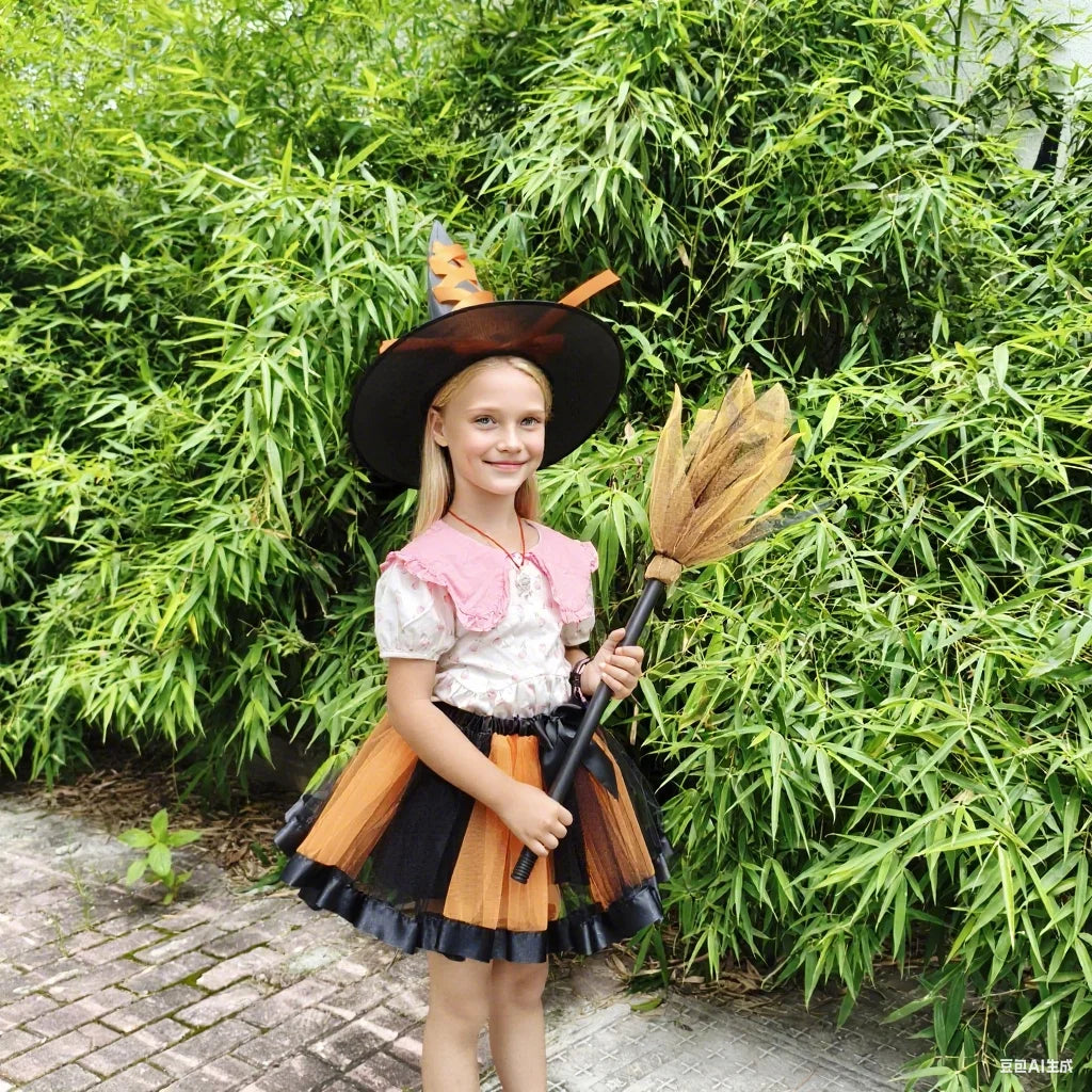 Girl's Halloween Witch Costume Set for Cosplay Parties Includes Breathable Soft Lining Skirt Broom Hat for Children