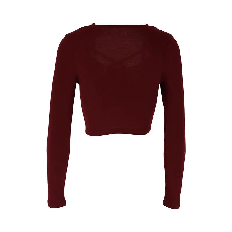 Women Sexy Wine Red T-shirt Sexy Hollow Out Low Chest Top New Streetwear Fashion Long Sleeves Casual Slim Lady Knitted Tees Top - Lootquake
