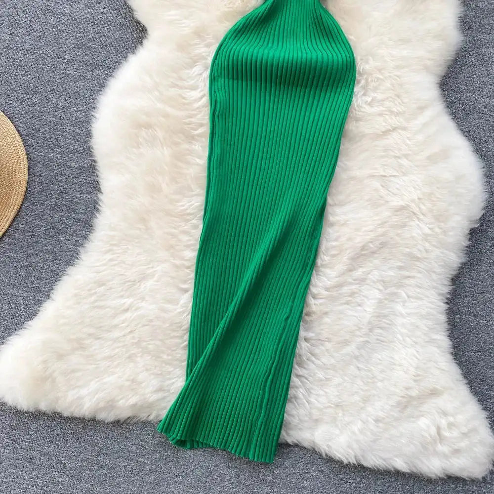 Summer V Neck Knit Sexy Strap Dress Women Elatic Waist Bodycon Sundress Female Beach Backless Maxi Long Dress - Lootquake