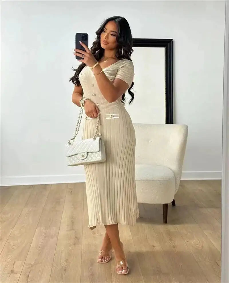 Office Lady Elegant Knitted Long Dress Summer Short Sleelve V Neck Single Breasted Bodycon Dresses Women Party Fashion Vestidos - Lootquake