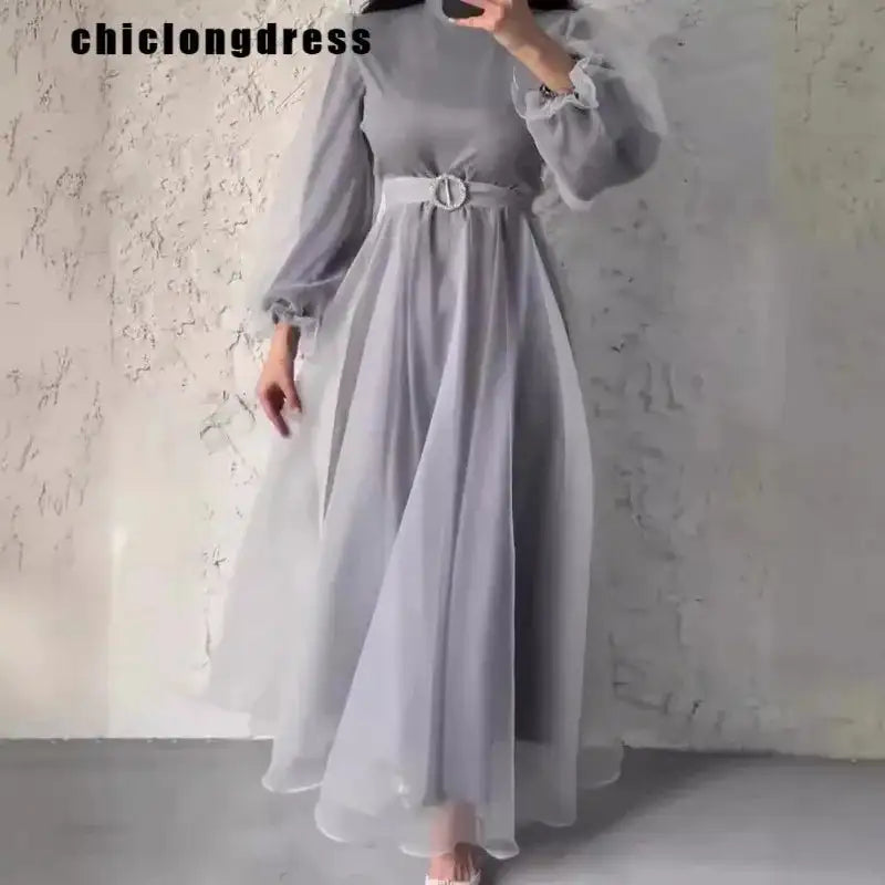 Spring Elegant Mesh Dress Muslim Women Fashion Solid High Waist Mesh Lantern Sleeves Long Dress Women - Lootquake