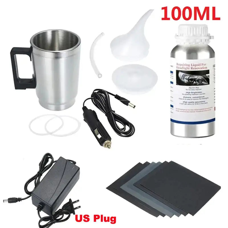 Car Headlight Lens Restoration Kit with EU/US Plug Headlamp Restore Polishing Cleaning Tools 100ml/200ml - Lootquake