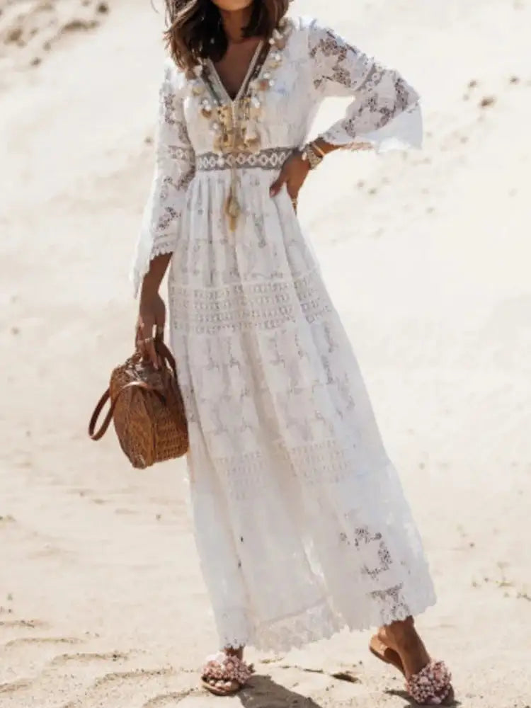 Boho Long Dress Women Summer Lace V Neck Flare Sleeve Sexy Maxi Dress Lady Holiday Party Beach Wedding Dresses Vestidos De Mujer - Lootquake