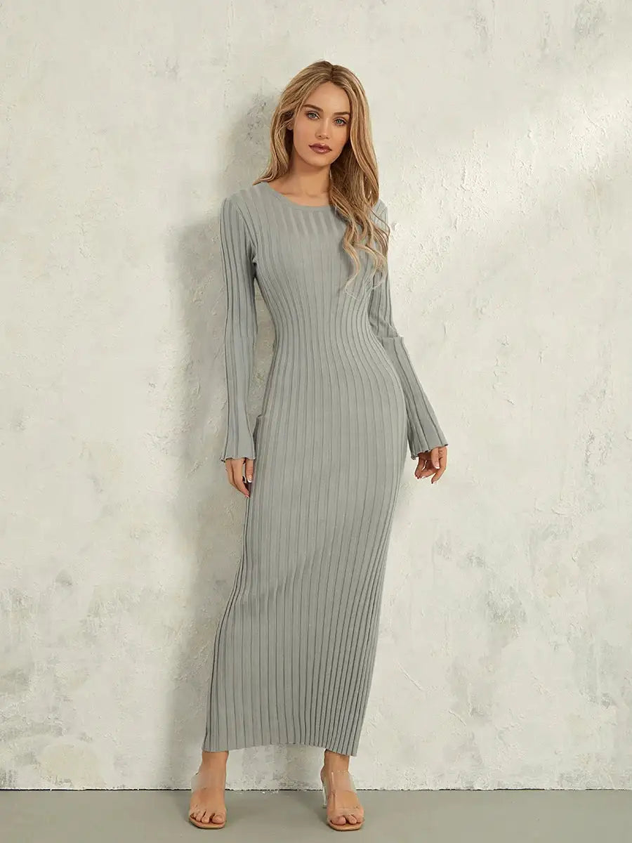 Women Spring Autumn Lace-up Knit Dress Elegant Long Sleeve Crew Neck Ribbed Solid Color Long Dress Streetwear - Lootquake