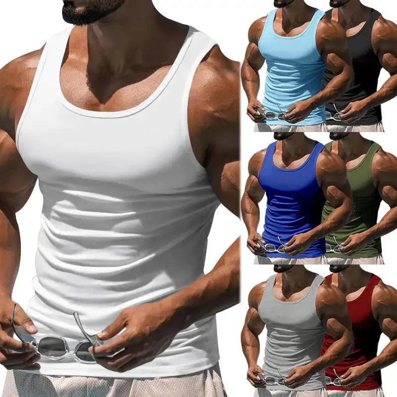 American Vest, Summer Europe And The United States Men Stretch Sports Gym Training, Tight Hurdle Sleeveless Top Solid Color Vest - Lootquake