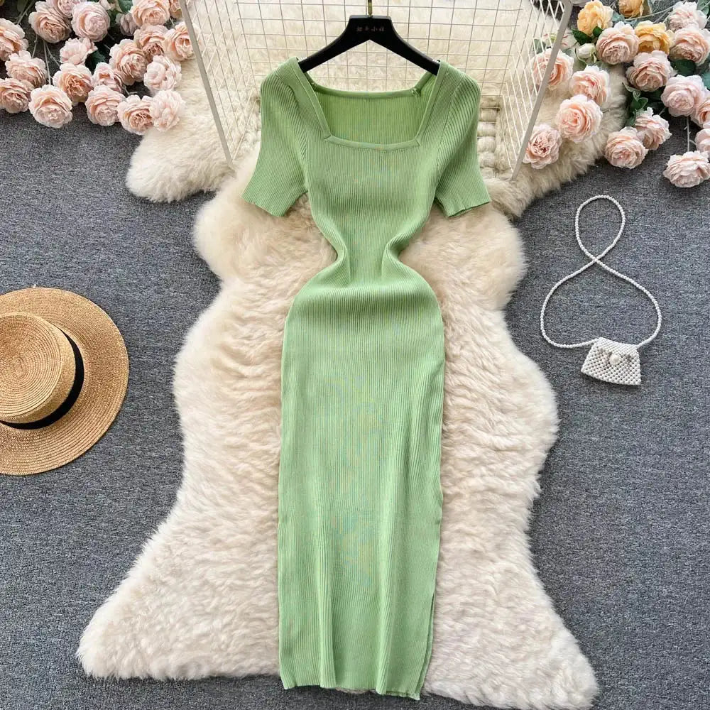 Green 2024 Sexy Summer Knit Short Sleeve Dress Women Squar Collar Waist Bodycon Sundress Female Beach Backless Long Dress - Lootquake