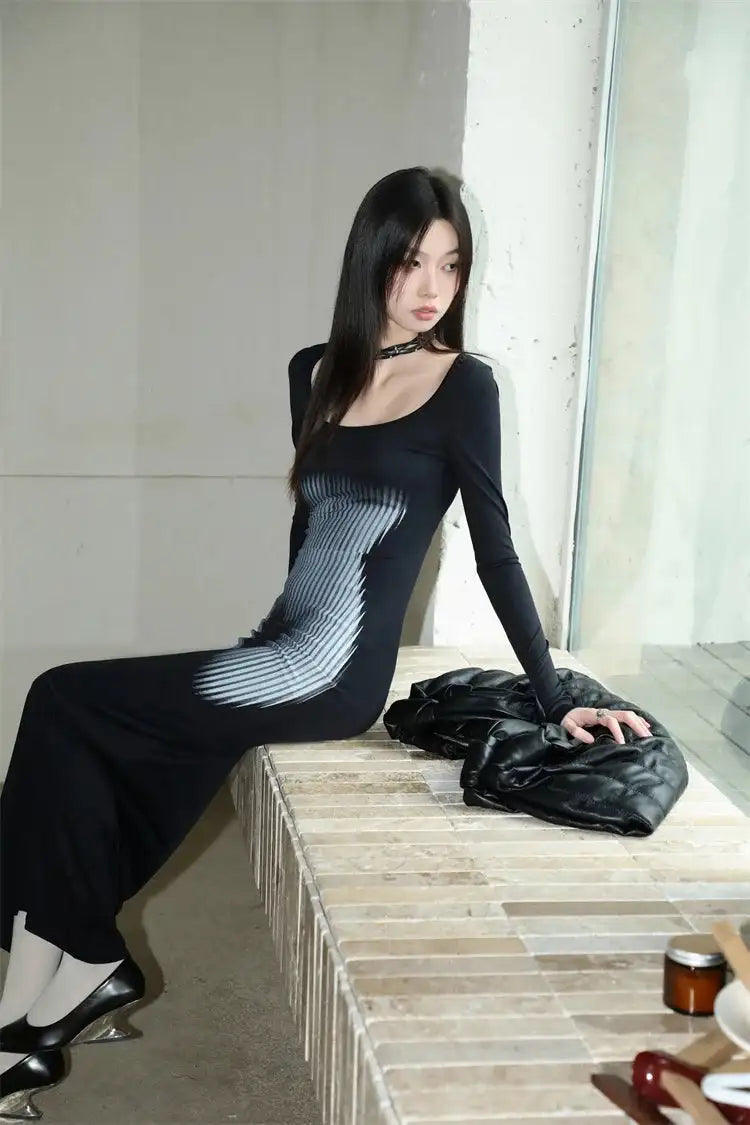 Y2K Sexy Long Sleeved Print Design Long Dress Elegant Slim Square Necked Dress Woman Street Style Wrapped Hip Skirt - Lootquake