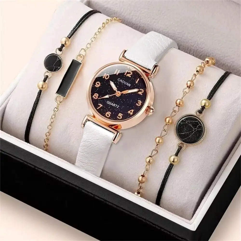 5pcs Set Women Fashion Casual Leather Belt Watches Simple Ladies Starry Sky Round Dial Quartz Wristwatches Dress Clock - Lootquake