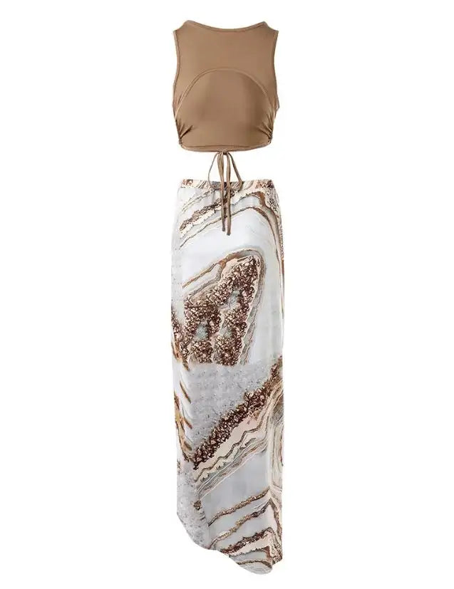 Elegant Two-Piece Women's Summer Dress Set with Ginkgo Print Strapless Short Top and Drawstring High Slit Casual Long Dress Set - Lootquake