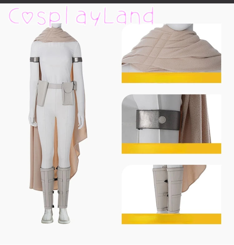 Halloween Costume Star Queen Amidala Cosplay Outfit White Women Suit With Top Pants Cloak Belt Props Shoe Covers Custom Made