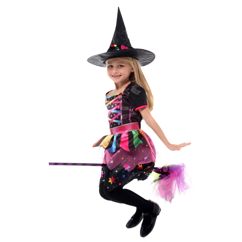 Halloween Children's Witch Dress - Comes with Hat, Halloween Role Playing Costume,Colorful Star Pattern Printed Carnival Costume