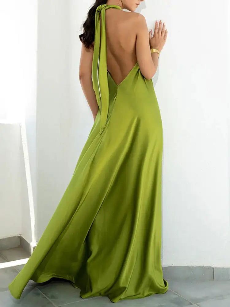 Elegant Women Solid Maxi Beach Dress Sexy Halter Neck Backless Lady Party Dress 2025 Summer Sleeveless Loose Long Dress Vestidos - Lootquake