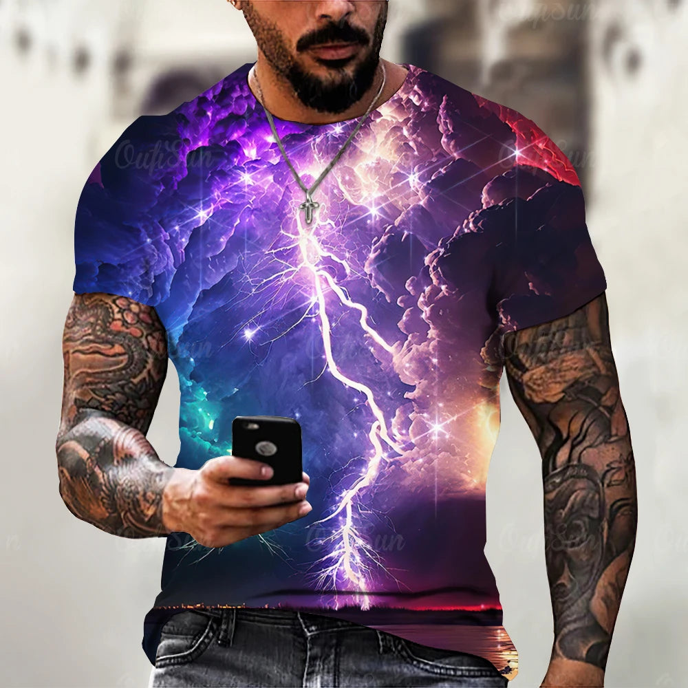 Men's T Shirt 3d Lightning Print Mens Short-Sleeved Tops Summer Street Fashion T-Shirt for Men Casual Tees Oversized Clothing XL - Lootquake