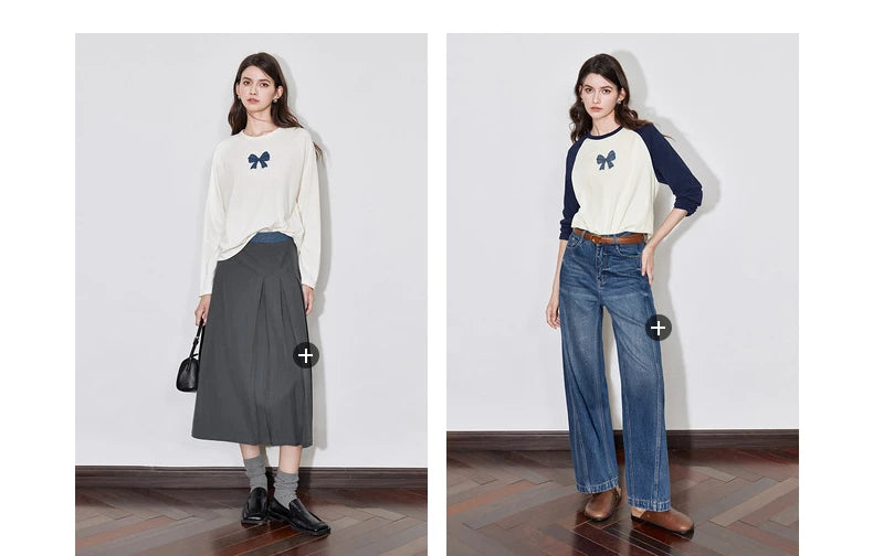 TOYOUTH Women T-shirt 2024 Autumn New Denim Bow Contrasting Color Raglan Sleeve Pullover Casual Tops - Lootquake