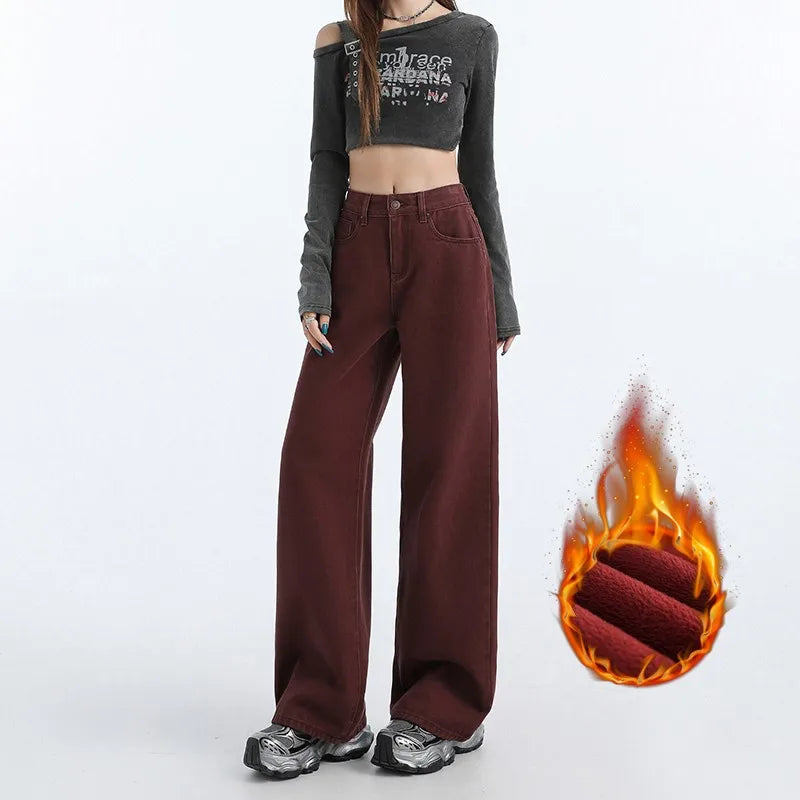 FINEWORDS Retro Angela Red Winter Jeans Women Thicken Cashmere High Waist Baggy Jeans Streetwear Casual Wide Leg Denim Pants - Lootquake