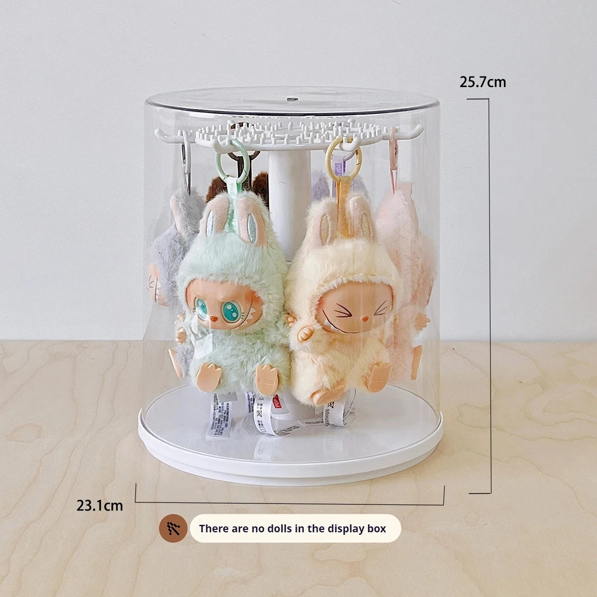 Boîte de présentation rotative transparente pour pendentifs Labubu, boîte de rangement pour poupées Labubu, résistante à la poussière et à l'humidité