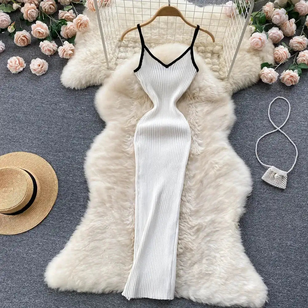 Summer V Neck Knit Sexy Strap Dress Women Elatic Waist Bodycon Sundress Female Beach Backless Maxi Long Dress - Lootquake