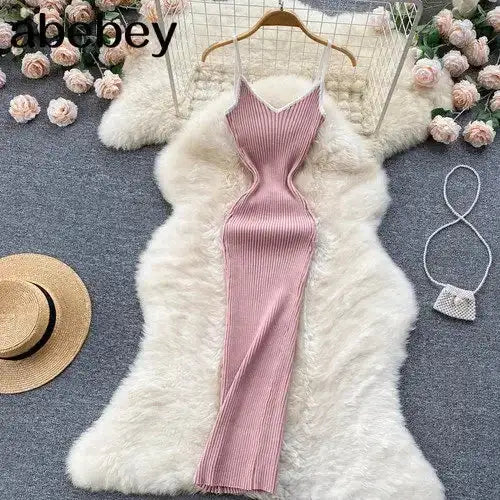 Summer V Neck Knit Sexy Strap Dress Women Elatic Waist Bodycon Sundress Female Beach Backless Maxi Long Dress