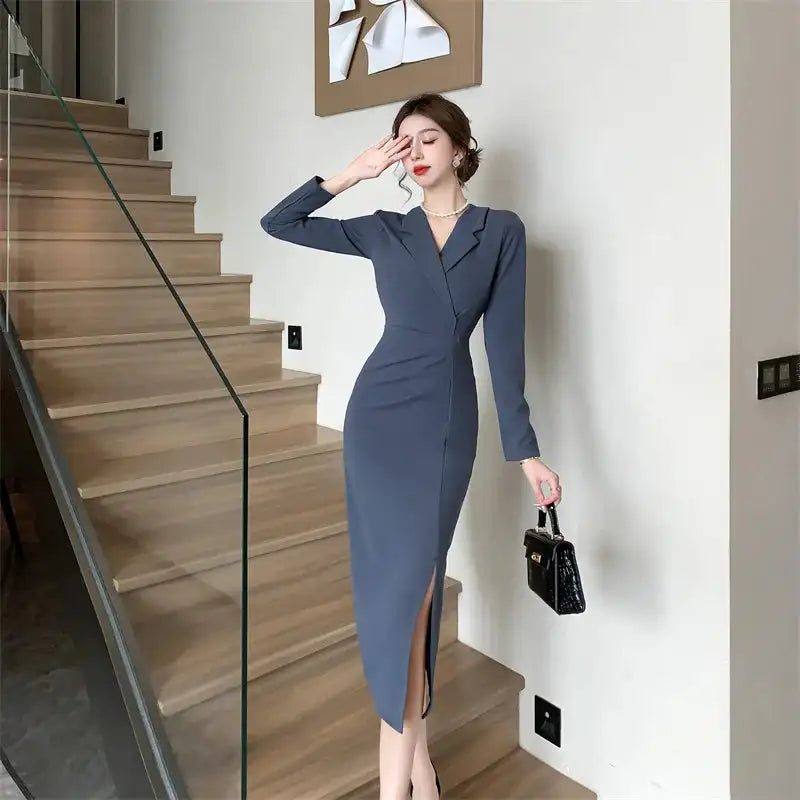 Women Pink Pleated Bodycon Formal Long Dress Autumn Winter Long Sleeve Chic Suit Dress 2025 Korean Fashion Elegant Party Dresses