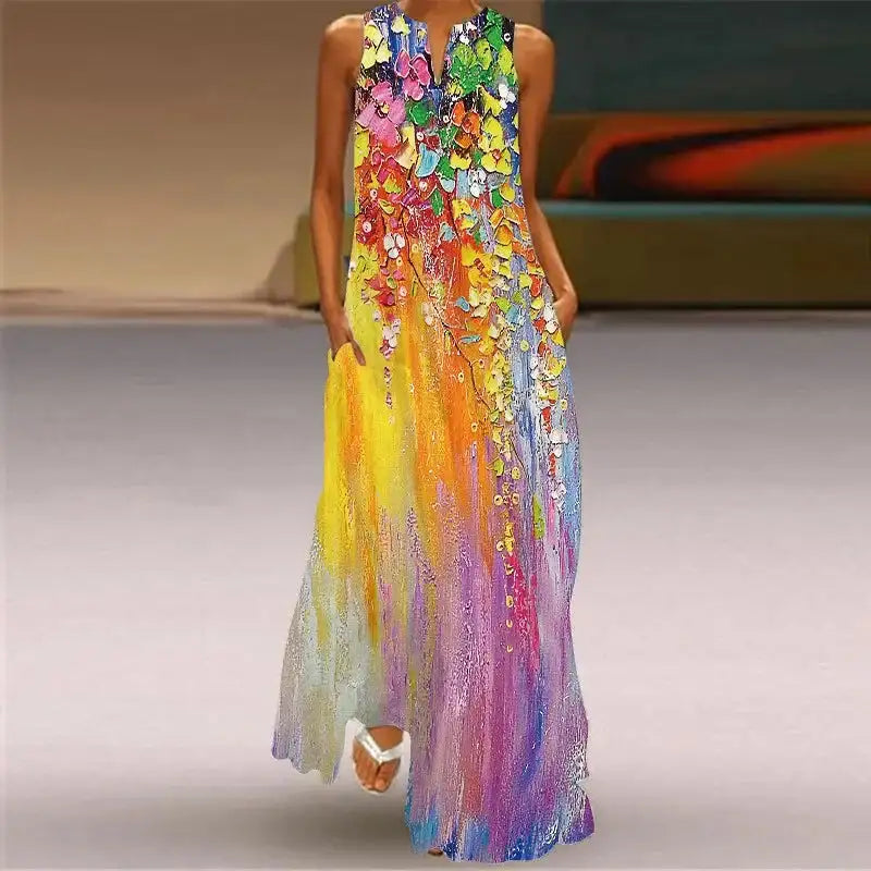 Rainbow Gradient Print Elegant Women's Dress 2024 Summer Sexy Sleeveless V-neck Evening Long Dress Women Casual Party Maxi Dress - Lootquake