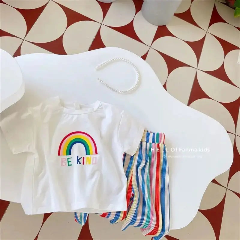 Baby Summer Set Children's Tops and Bottoms Suit New Girls Cute Short-Sleeved T-Shirt Rainbow Pleated Pants Two-Piece 12M-8Y - Lootquake