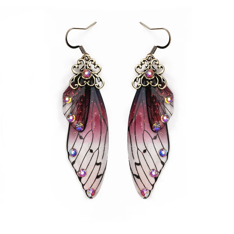 Boucles d'oreilles en forme d'ailes de fée faites à la main, en forme d'ailes de papillon, d'insectes, en forme de goutte, en feuille de strass, bijoux de mariée romantiques
