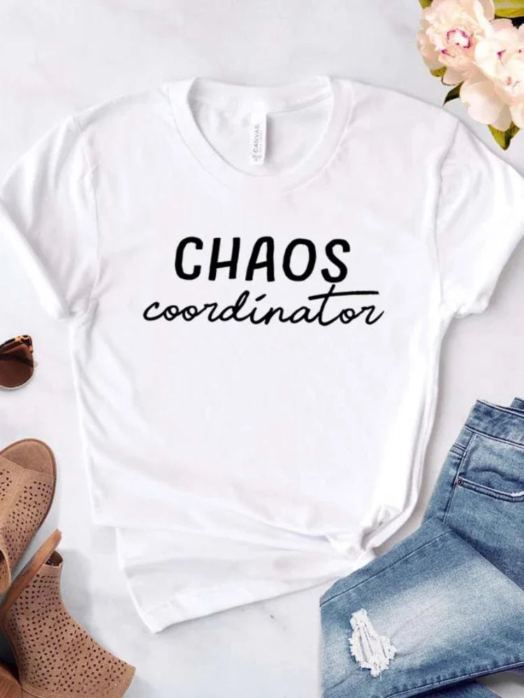 Women T Shirt Chaos Coordinator Letters Print Tshirt Women Short Sleeve O Neck Loose T-shirt Ladies Causal Tee Shirt Tops - Lootquake