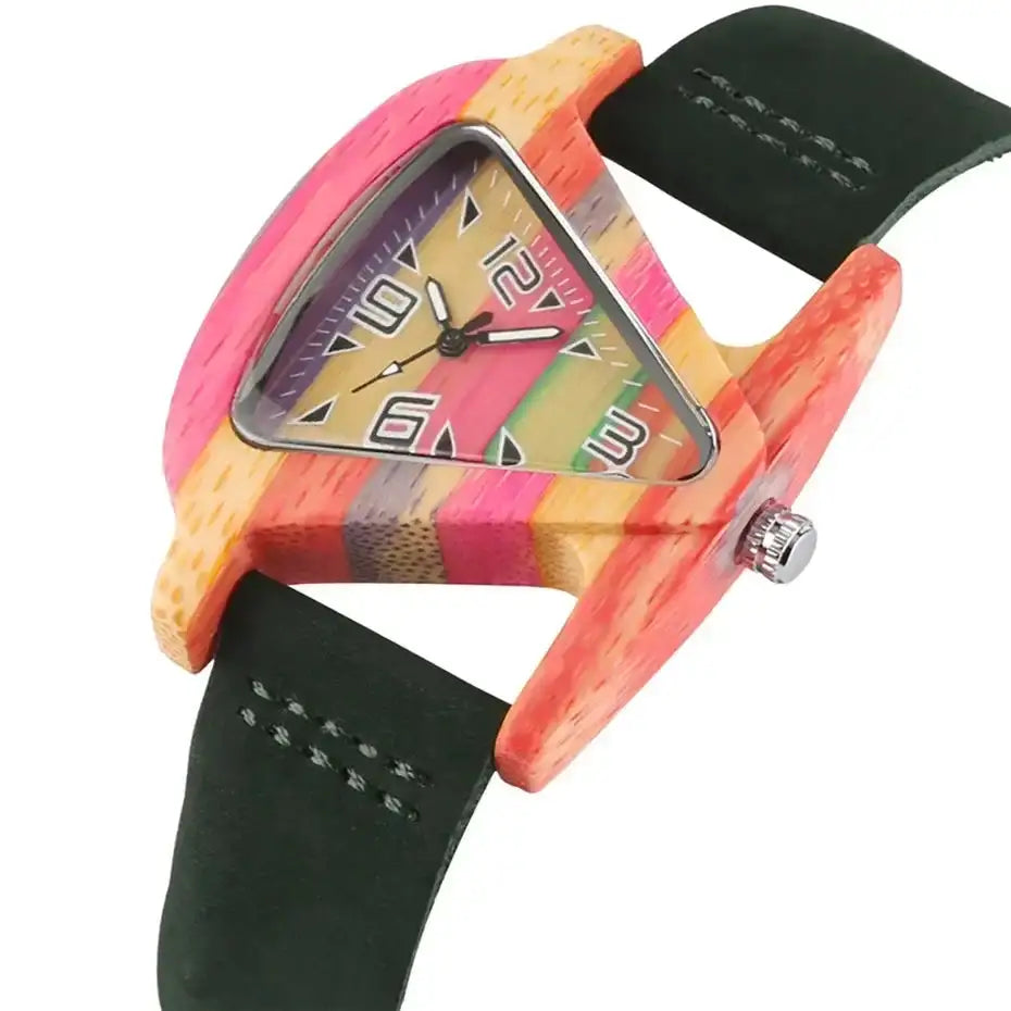Unique Triangle Women's Wood Watch Creative Colorful Lady Green/ Red Genuine Leather Wristwatch Elegant Womens Watches Top Gifts - Lootquake