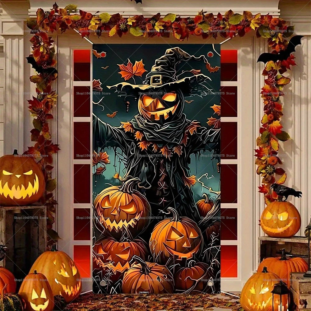 Décorations de fête d'Halloween, bannière de porte effrayante 2D, crâne de fête, citrouille, sorcier, bannière de porche, cadre de photomaton, accessoires