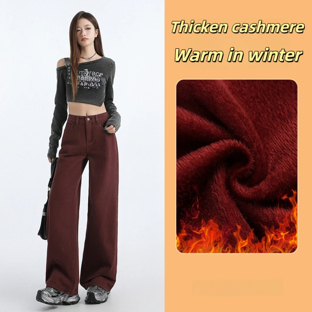 FINEWORDS Retro Angela Red Winter Jeans Women Thicken Cashmere High Waist Baggy Jeans Streetwear Casual Wide Leg Denim Pants - Lootquake