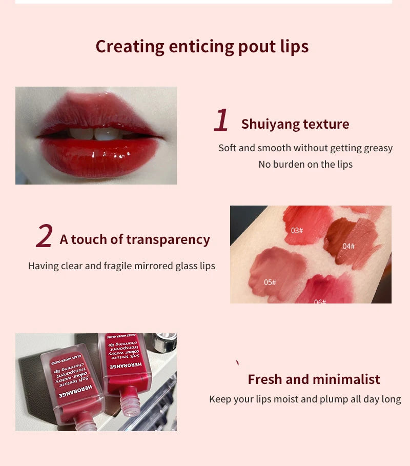 Laca de labios HERORANGE Light Glass-Like: brillo de espejo, fórmula hidratante, resistente a las manchas, de larga duración y que ilumina la piel.