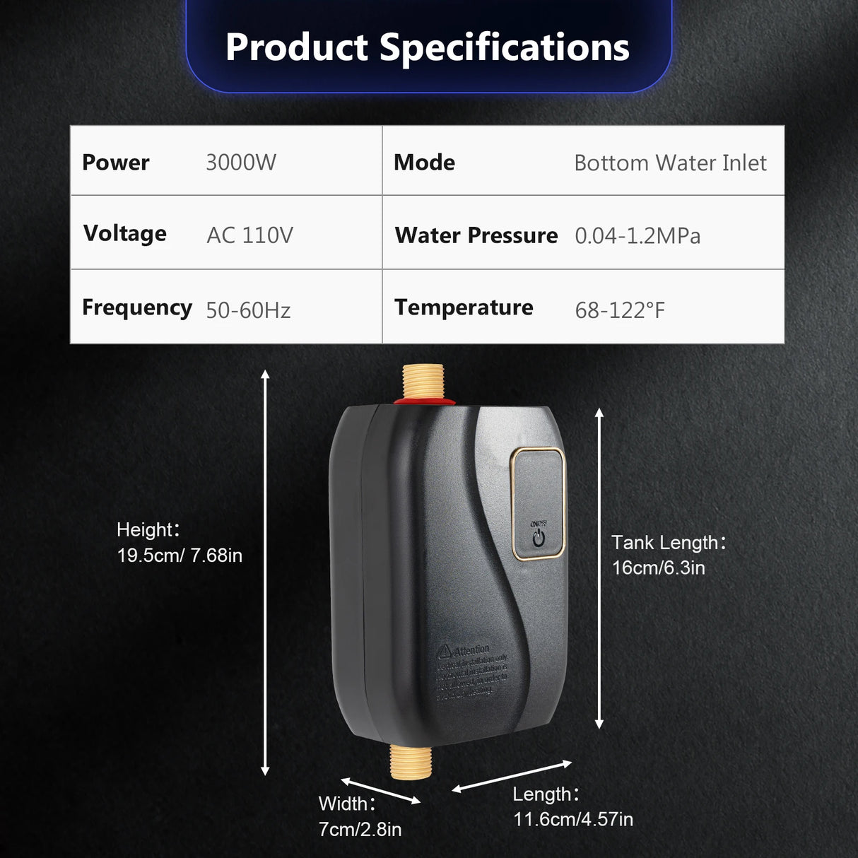 Chauffe-eau électrique instantané sans réservoir, 3,0 kW, 110 V, portable, pour la cuisine